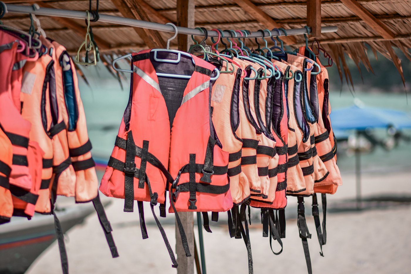 Life vests hanging from a raft