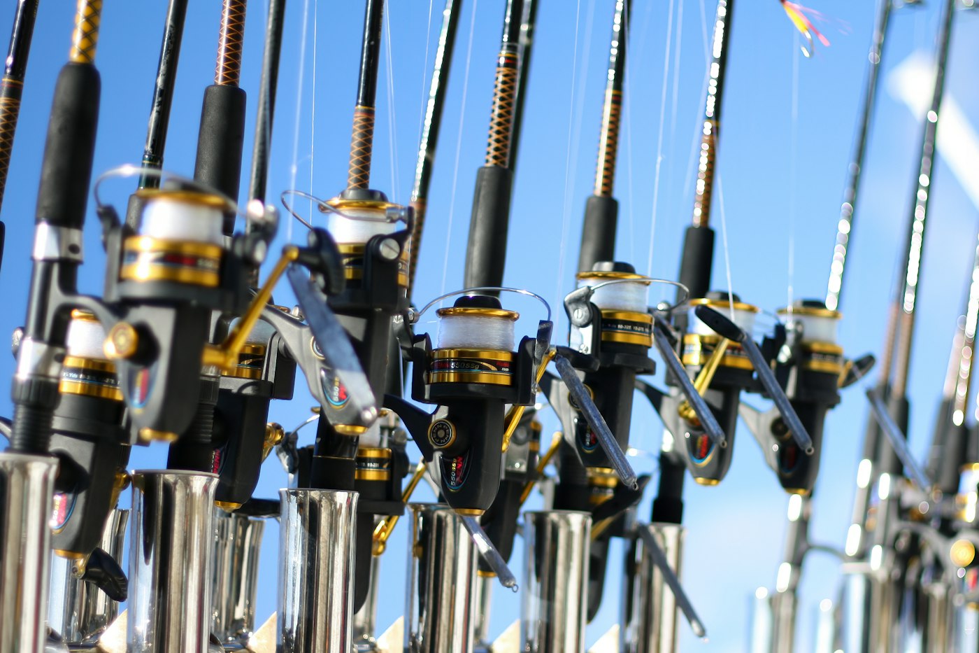 Gold and silver fishing rods in close-up