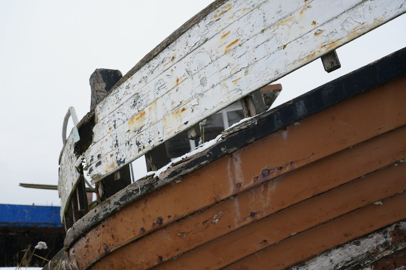 Close-up of an old wooden boat hull