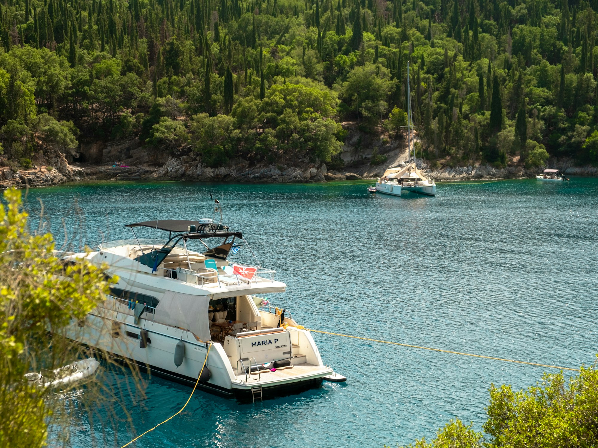Yachts moored in a tranquil bay surrounded by green forest