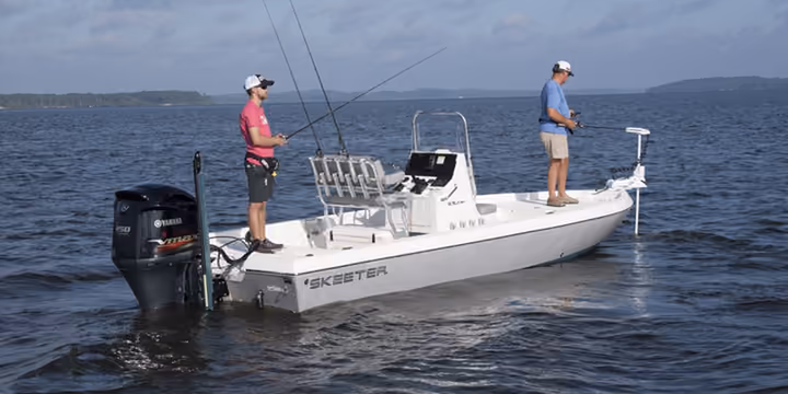 Two anglers casting from a Skeeter bay boat