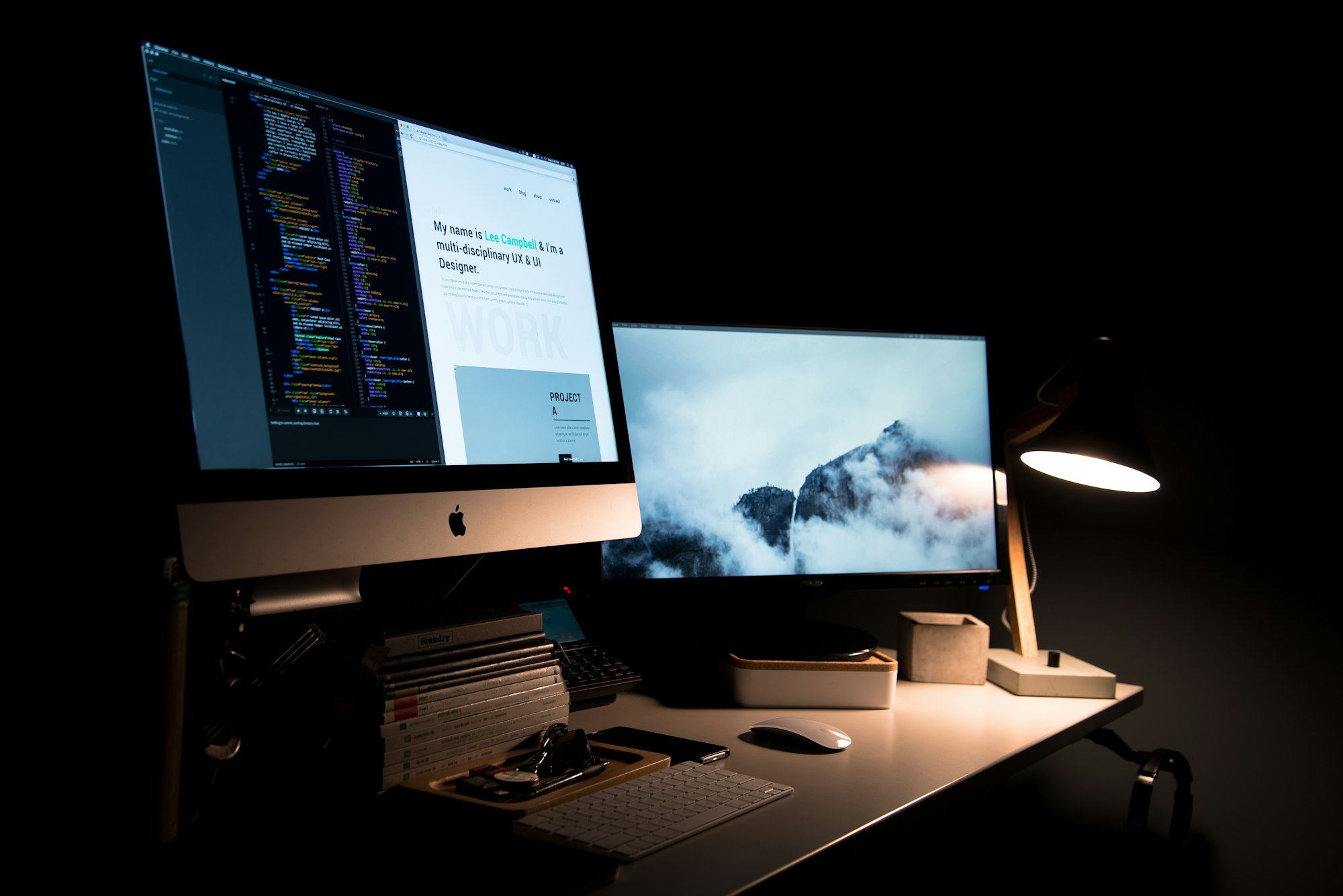 A designer's two-screen desk setup